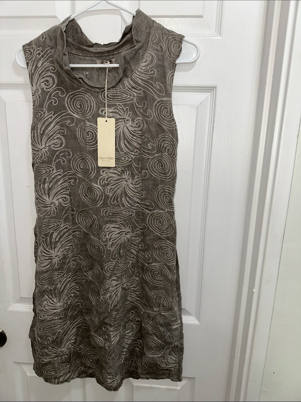 Lina Tomei 100 % Linen Sleeveless Taupe Midi Dress with Swirl Embroidery NWT